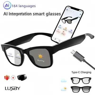 LUSBY AI Interpretation Smart Glasses,160 Languages, Chat GPT,Audio Glasses for Men And Women,Microphone And Speaker, HD Voice Calls And HIFI Music Quality,Hands-Free Calling,Color Changing Lens, Suitable for  Riding,Driving,Travel,Easter gift