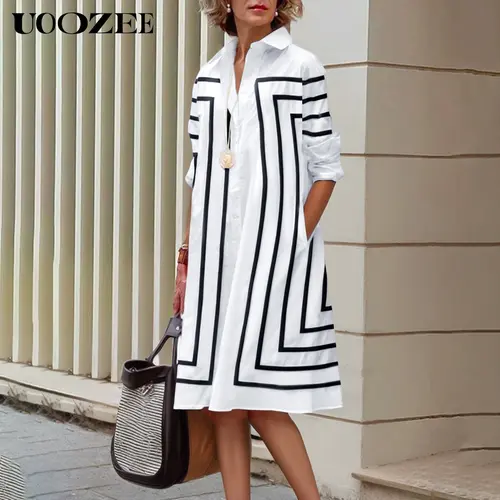 UOOZEE Women's Collared Half-Sleeve Loose-Fit Button-Front Striped Cotton Midi Dress Shirt, Breathable Light Sheer Fabric, Pockets, Stylish Women's Wear for Spring Summer Casual Outfits, Women's Clothes for Daily Looks
