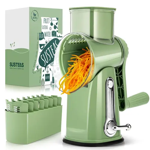 【Spotlight Day】SUSTEAS 5-Blade Interchangeable Manual Rotary Cheese Grater - Hand Crank Fingersafe Salad Dicer, Mandoline Slicer with Powerful Suction Base, Fast Shred, Easy Clean/Store, Sohochic