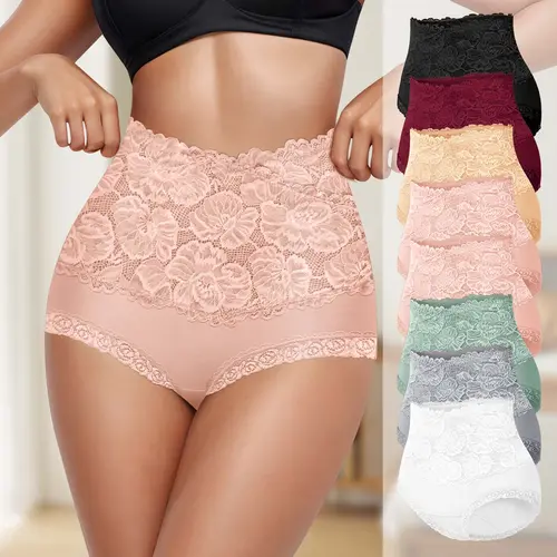 Morelect Women's High Waist Soft Cotton Panties - Set 4/6 Pack, Floral Print, Lacy Floral Lace Trim Elegance, Breathable Lightweight Fabric, Romantic Date Night Use, Multicolor Assorted Everyday Briefs, Do Not Dry Clean