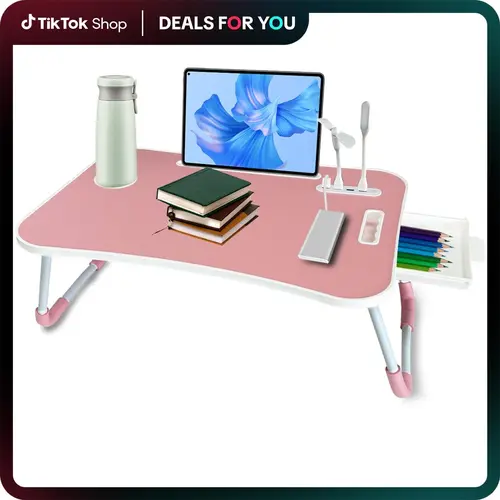 Foldable Laptop Bed Desk Tray with 4 USB Ports Portable Lap Table Tiltable Tabletop Wood Workstation Storage Drawer Cup Holder for Home Bed Couch Working Reading#Summervibes，homeessentials