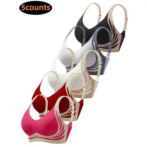 5 piece Women's Colorblock Vneck Wireless Bra, SoftComfortable Adjustable Straps BreathableBackless Style Bra, Casual Women's Lingerie forAll Seasons, Bras for Women, Lingerie forWomen,Womenswear, Underwear lifestyle apparel