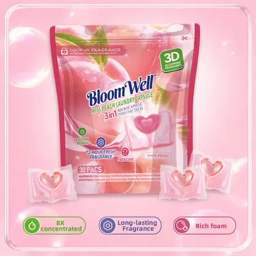 Powerful cleaning laundrypods Family Size laundrypods,  3D Lock-In Fragrance Microcapsule Technology Laundry Beads, Luxury Fragrance, Long-Lasting Scent, Miss Peach, Deep Cleaning, Stain Removal, HE Compatible,30 Pcs/Bag, 1 Bag/4 Bags Peach Scent