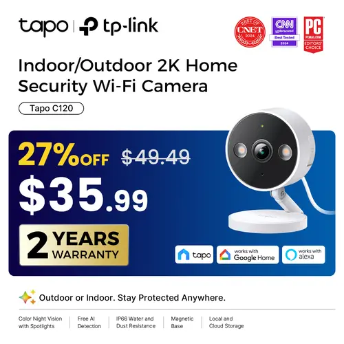 TP-Link & Tapo C120 - 2K QHD Indoor/Outdoor Security Camera with Color Night Vision, Free AI Detection, Baby Monitor, IP66, Dual Spotlights, Local/Cloud Storage