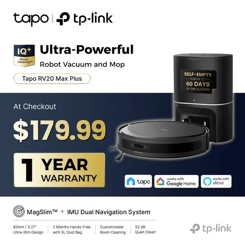 TP-Link & Tapo RV20 Max Plus Ultra-Slim Robot Vacuum and Mop with 5300Pa Suction, MagSLIM LiDAR Navigation, Auto-Empty Dock, 97% Dust Pickup, Alexa & Google Home Compatible - Deep Cleaning Machine Automatic Wireless  #SummerWins #DealsForYouDays, 3.27" So