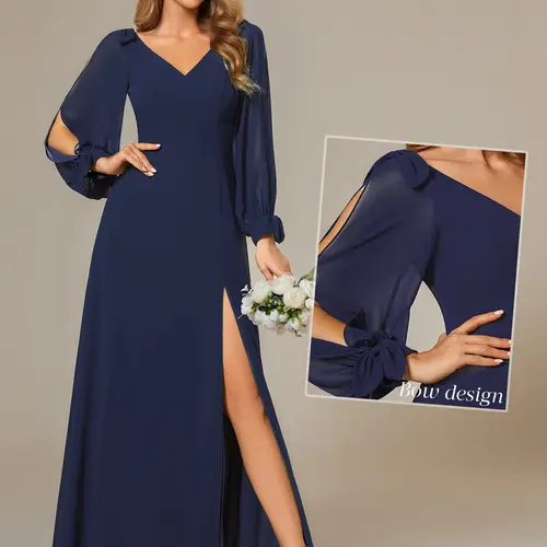 Ever-Pretty 2026 Holiday Dress with Side Slit & Elegant Sleeves  dress Design Women's Fashion,Women's V Neck Long Sleeves Floor Length  Chiffon Formal Dress,Mother dress, 80116 Formal dress Womenswear