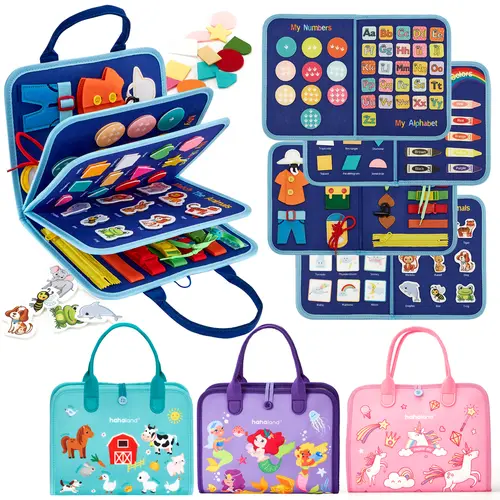 hahaland Preschool Busy Board, Unisex Montessori Felt Fabric Toy for Toddlers, Learning Activities for Fine Motor Skills, Portable Travel Book with Carry Handle, Carry Handle Makes Travel Play Easy, Zipper Pouch Tidy, Sensory Products