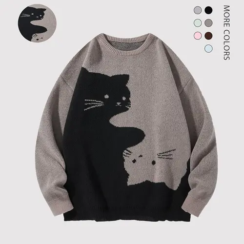 Men's Cartoon Cat Print Crew Neck Knit Pullover - Oversized Baggy Polyester Long Sleeve Top, Autumn Winter Casual College-Style Wear, Boyfriend Birthday Gift to Match Jeans,sohochic