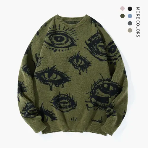 Men's Simple Detailed Full-Length Graphic Knit Pullover - Round Neck, Regular Fit Polyester Streetwear Clothing, Casual Fall & Winter Daily Wear, Stylish Eye Print Top for Classic Jeans, Ideal Mens Gifts (Grey),sohochic