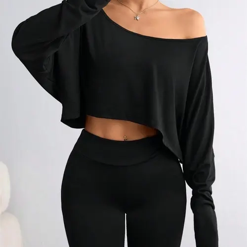 Women's Fall Fashion Loose Fit Asymmetric Neck Batwing Sleeve T-shirt, Perfect for Gym Home Or Daily Wear, Casual Chic Minimalist Comfortable and Stylish Women's Top, Casual Classy Top, Solid Color Tops