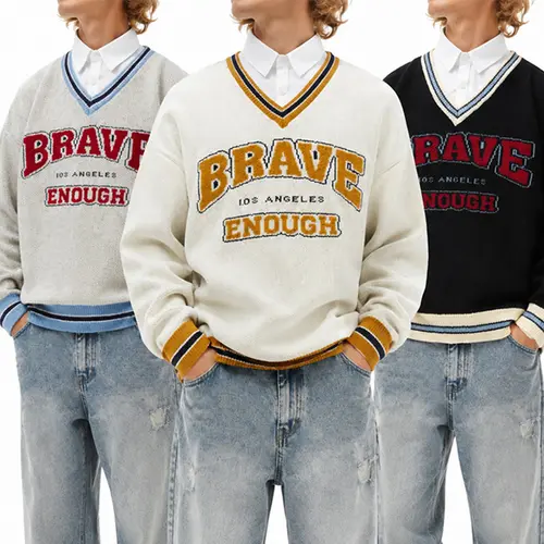 Men's 2-Piece Retro Striped Preppy Mock V-Collar Knit Sweater Set - Loose Casual Full-Sleeve Jumper, Letter-Print Seasonal Base Top, Button-Adorned, Full-Length, Long, Medium-Length, Multi-Size Men's Pullover, Button-Adorned Men's Pullover Knitwear,sohoch