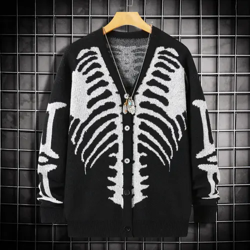 Men's Skeleton Print Button-Front Knitwear Top - Long Sleeve V-Neck, Loose Drop-Shoulder Regular Fit, Soft Menswear Pullover, Spooky Men's Cardigan, Multi-Size, Casual Halloween Fall Wear,sohochic