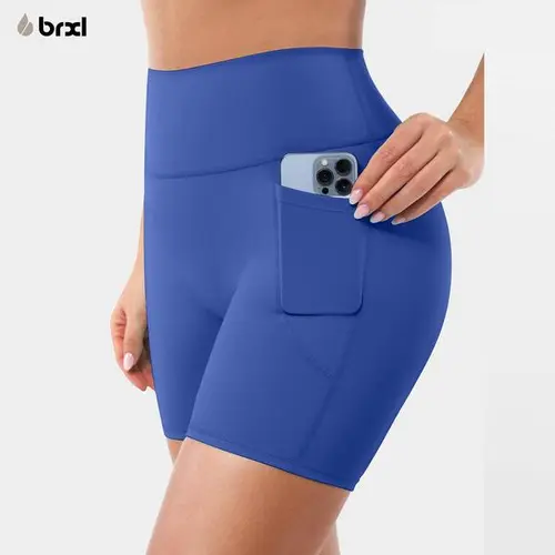 BRXL Women's 5-Inch Inseam High Waist Buttery Soft Stretch Spandex Biker Shorts with Pockets, UPF 50+ Sun Protection, Underwear-Free Design, Crotch Front and Center 1-Piece Cutting, Yoga Gym Active Wear, Crotch Front And Center One-Piece Cutting