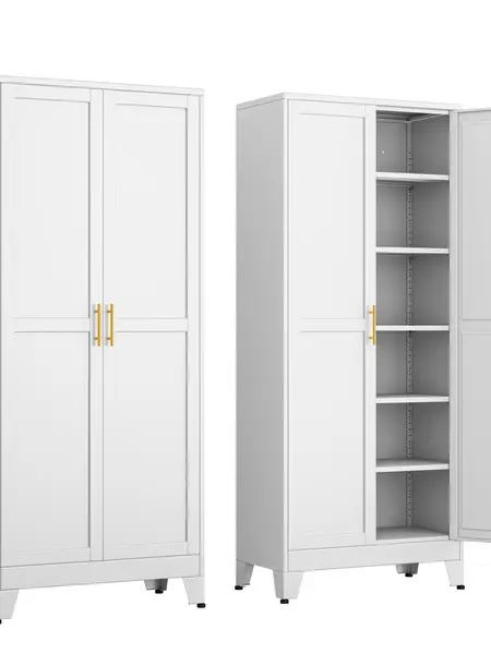 75.2" Tall Pantry Cabinet, Kitchen Pantry Storage Cabinets with 2 Door and 5 Adjustable Shelves, White Metal Pantry Storage Cabinet, Cupboard for Kitchen, Dining Room, Living Room and Bathroom Organizer