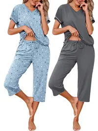 MARVMYS Women's 2-Pack Shortsleeve Pajama Sets, V-Neck Top and Capri Pant Nightwear with Elastic Waist and Pockets, Lightweight, Floral Matching Casual, Suit, Lady, Basic, Soft, Two Piece Set