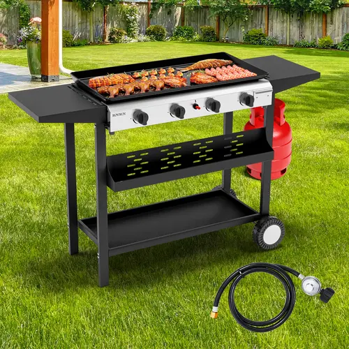 ROVSUN 40,000 BTU Stainless Steel Square Portable Flat Top Propane Grill - 4 Burners, Nonstick Oil Tray, Electronic Ignition, Foldable Side Shelves, Wheels for Camping, Backyard Barbecue