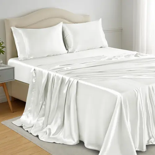 LDC Lux Decor Collection 4pc Satin Bed Sheets Set - Deep 16" Fit, Glossy Satin Adds Glam, Silky Soft, Breathable Weave Keeps Sleep Cool, Crease-Resist All-Season Bedding - 1 Flat, 1 Fitted, 2 Pillowcases - Home Use