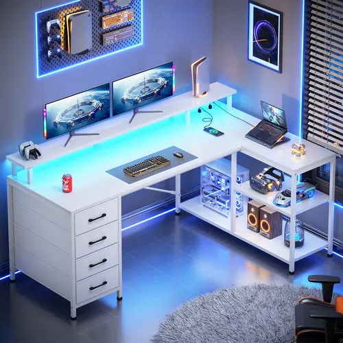 Sedeta 47.2-in Sturdy Modern L-Shaped Wood-Metal Corner Gaming Desk - Commercial Office Furniture with Metal Frame, 4 Drawers, Storage Shelves, LED Lighting, Charging Station, Easy Assembly for Large Spaces, Dual Monitor Setup