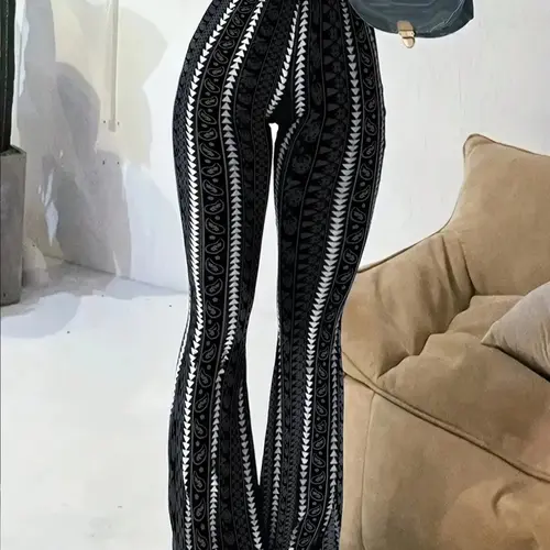 Women's Geometric Print Flare Leg Flared High Waist Pants Casual Comfy Bell Bottom Trousers for Daily Wear, Ladies Bottoms for All Seasons