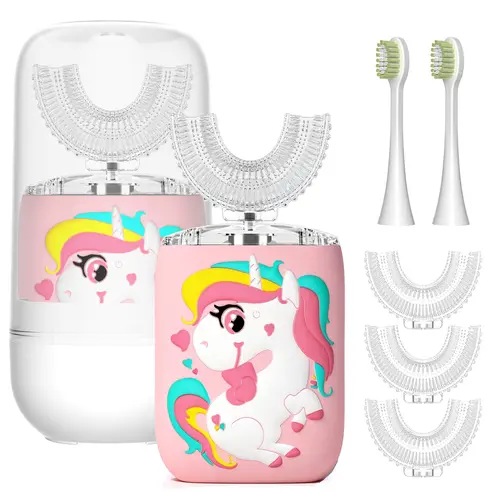 Kids' Pink U-Shaped Rechargeable Electric Toothbrush & Portable Teeth Cleaner Kit, 6 Soft Heads, Watermelon Toothpaste, Unicorn Design, IPX7 Waterproof, for Ages 8-15 Daily Oral Care