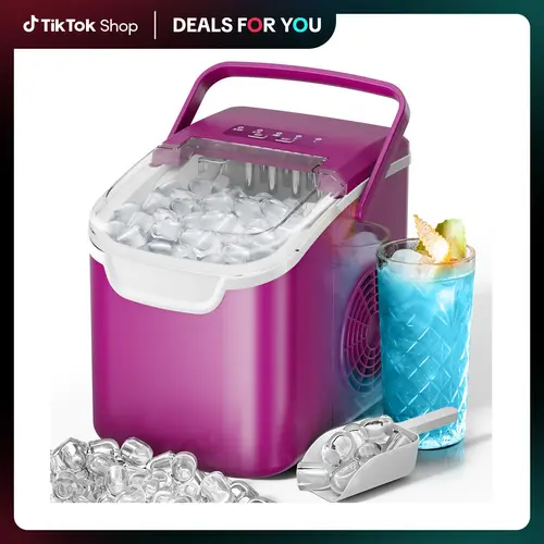 Kismile Countertop Icemaker with Handle - Bullet Ice Making Machine, 8 Cubes in 6 Mins, Portable Self-Cleaning Ice Machine for Home/Office (Purple)
