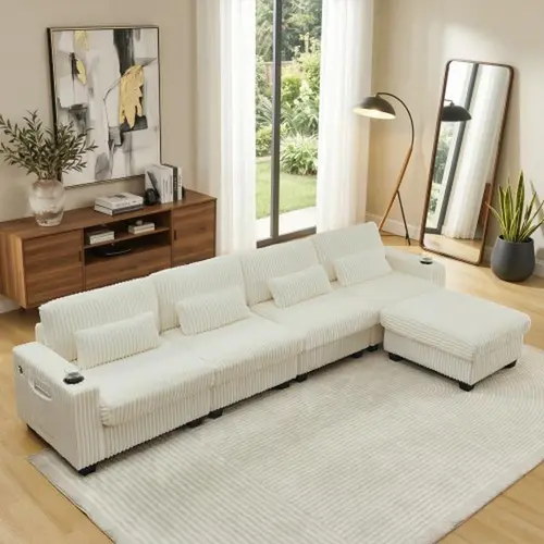 Niccae 3-Piece L-Shaped Modular Corduroy Sofa Set for Living Room, 126" Wide Seating 4-Seater Convertible Couch with Ottoman, Cup Holders, Charge Port, Back & Waist Pillows, Ottoman to Sit/Lay, 72h Full Revival,sohochic