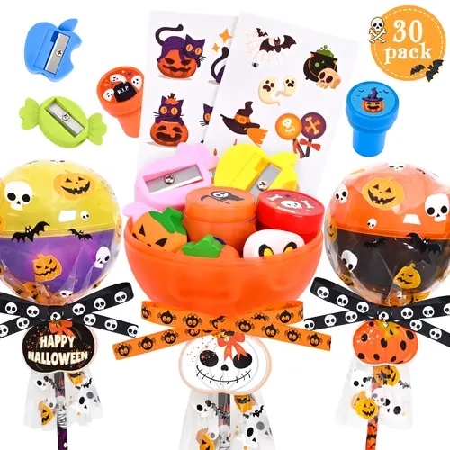 30-Pack Halloween Multicolor-with-Light Trick or Treat Lollipop Stationery Gift Set - Card+Gift in 1, Class Party Ready, Goodie Bags Fillers, Themed Goodies, Child Party Supplies