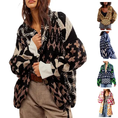 SCUSTY Women's Autumn Sweater Cardigans Graphic Button Down Collar Knitwear Long Sleeves Y2K Oversized Print Coat SohoChic