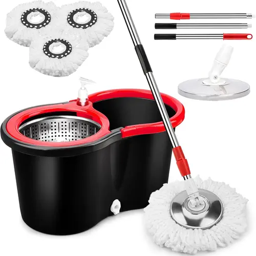 SummerVibes Sturdy Stainless Steel Bucket System Mop Set - 360° Auto Rotating Wet & Dry Hardwood Floor Tool, 61in Adjustable Handle, Soap Dispenser, Drain Hose, 3 Microfiber Heads, Quick Dehydration, Lightweight No-Pedal Home Kitchen Mother's Day Gift, Ha