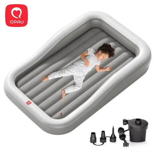 QPAU Multi Purpose Inflatable Toddler Travel Bed - 3-Sided Safety Bumpers, Extra Large PVC Coated Kids Sleeping Air Mattress for Children (36 Months+) with Fast Electric Pump, Detachable Mattress, Portable for Camping, Home Use (Grey)