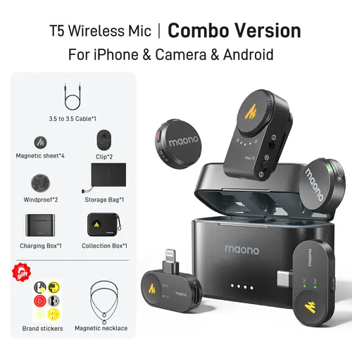 Maono T5 Cordless Clip-On Lavalier Microphone Vlogging Kit with Charging Box, Magnetic Charging, 30H Long Battery, ENC Noise Cut, Adjustable Cable, Compatible with PC Cameras, iPhones, USB Type-C/Lightning Android Phones for TikTok Streaming, Recording