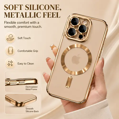 Official Desert Gold Magsafe Magnetic Phone Case for iPhone 17Air, 17, 16, 15, 14, 13, 12, 11 Pro Max Plus - Clear, Soft Cover with Lens Protector, Wireless Charging Compatibility - Smartphone Accessories for Handheld Devices, Casing
