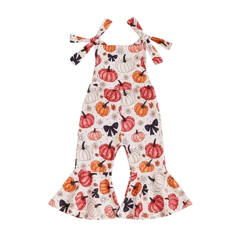 Baby Girl  Halloween Jumpsuit Sleeveless Tie Strap Pumpkin Floral Print OverallsToddler Bell Bottoms