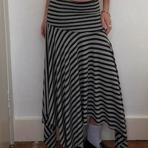 Women's Street Fashion Skirt Street Style Loose-Fit Knitted Long, Colorblock Striped Design, All-Season Woven Fabric, Casual College Aesthetic, Loose Feeling Skirt