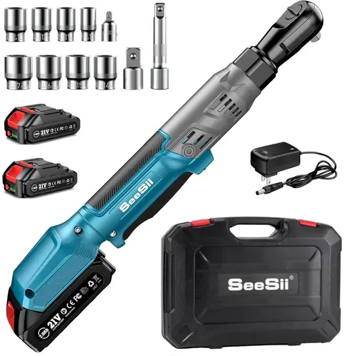 SEESII 21V Cordless Electric Ratchet Wrench Set - 90N.m (66Ft-lbs) Torque, 3/8", 200RPM, Variable Speed Trigger, 2x 2.0Ah Batteries & Charger, 8 Sockets, Adapters & Extension Bar DealsForYouDays