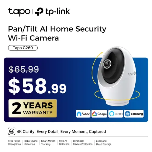 TP-Link & Tapo C260 RoomCam 360° 4K Ultra HD Pan Tilt Dual Band WiFi Indoor Security Camera with AI Face Recognition Two Way Audio and Enhanced Privacy Mode