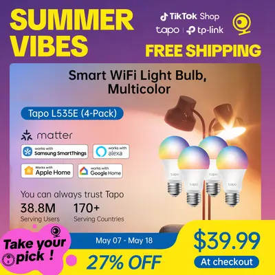 TP-Link & Tapo L535E(4-Pack) Smart Light Bulbs, 1100 Lumens High Brightness (75W Equivalent), Matter-Certified, 16M Colors WiFi Light Bulb, Dimmable, Works w/Siri, Alexa & Google Home,A19 E26  #SummerWins #DealsForYouDays