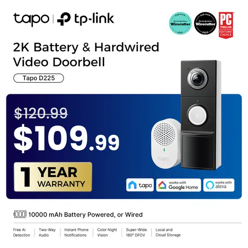 TP-Link & Tapo D225 Smart Video Doorbell Camera with Chime | 2K QHD, 180° Head-to-Toe View, Battery or Hardwired, Color Night Vision, FREE Person/Package/Vehicle AI Detection, Ring-Call, 24/7 Local Storage,sohochic