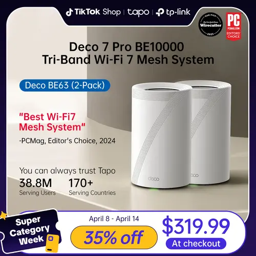 TP-Link Deco BE63  (2-Pack) Deco 7 Pro BE10000 Tri-Band WiFi 7Whole Home Mesh System- 6-Stream 10 Gbps, 5800 Sq.Ft Coverage, 4x2.5G Ports Wired Backhaul, 4X Smart Internal Antennas, VPN, MU-MIMO, HomeShield, Free Expert Support, Ductless Wifi, Wireless Ro