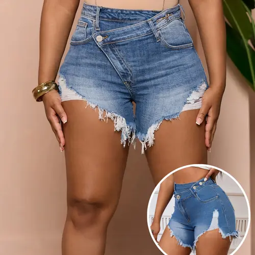 USBoutique Chic Women's Sexy Mini Denim Shorts Jean Shorts Irregular With Pockets Frayed Raw Hem Ripped Summer Denim Shorts