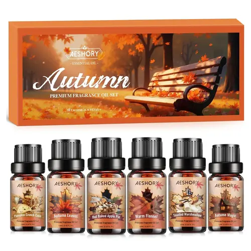 Autumn Essential Oils Set, 6 Premium Fall Fragrance Oils for Diffuser for Home, Aromatherapy Oils for Pumpkin Crunch Cake, Apple Pie, Flannel, Marshmallow, Magic,Leaves Scents for Soap Candle Making,sohochic