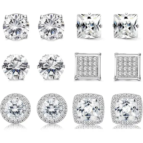 4/6 Pairs Stainless Steel Cubic Zirconia High Quality Earrings for Women Men, Casual Daily Wear, Halo Round Square Design, All Seasons Jewelry