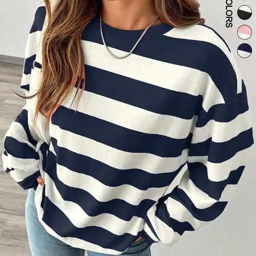 Women's Loose-Fit Oversized Striped Round Neck Long Sleeve Lady T-Shirt, Casual Fashion Loose Stylish Tee Everyday Soft Comfort Top for Fall & Winter