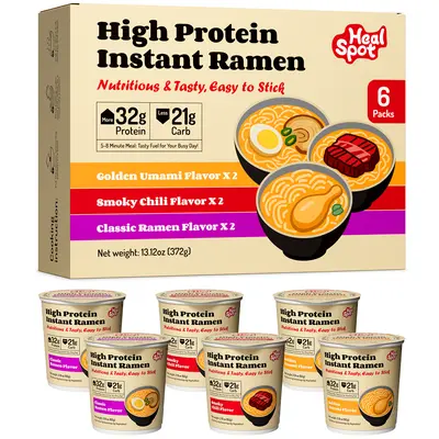 Healspot High Protein Instant Ramen Cups, 6 Cups, 32g Plant-Based Protein, Non-Fried, Low Fat, Low Carb, Non-GMO, Golden Umami, Smoky Chili & Classic Ramen