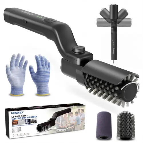 Drayvorx 2-in-1 Cordless Electric Barbecue Cleaning Brush & Rotating Grill Scraper Combination, Barbecue Utensils with Rust-Resistant Stainless Steel Heads, 3-Speed High-Torque Motor, Type-C Fast Charge Handle for Outdoor BBQ Grates,sohochic
