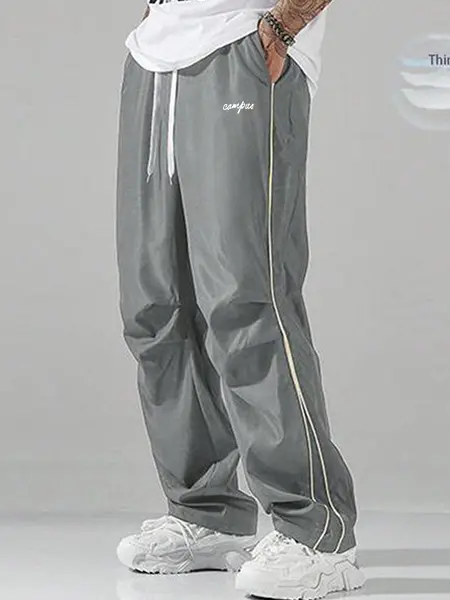 Men's 100% Polyester Baggy Track Pants - Grey with Grey Side Strips, Gold Decorative Bars, Lightweight Soft Fabric, Large Cut, Elegant Stylish Athletic Activewear Sportswear, Casual Gym Streetwear, Boyfriend Gift, Menswear Essential Bottoms, M, XL