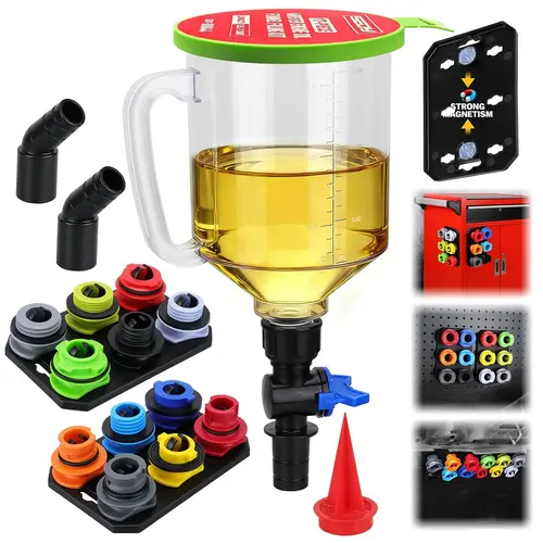 Sedy 18-Piece Automotive Engine Oil Funnel Toolkit with Hands-Free Operation, 1.59QT/1.5L Car Maintenance Kit, 12 Adapters, Elbow Fitting, Arrow Screen, Magnetic Storage Hooks Tray for Mechanics, Compatible with GM, Ford, BMW, Oil change， toolupgrade