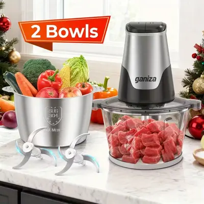 Ganiza Food Processor with 8 Cup Glass Bowls & 8 Cup Stainless Steel 2-Speed Food Chopper Meat Grinder Upgraded Button & Smart Overheat Protection Light - Includes Clean Brush 2 Sets of Blades Kitchen Vegetable Slicer Vegetable Cutter