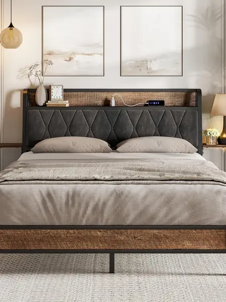 【SummerFinds】ONBRILL Multi-Sizes (Queen, King) Bed Frame - Modern Heavy-Duty Metal Platform with Side Shelves, Comfy Headboard with Built-In USB Ports & Charging Station, No Box Spring Needed, Easy Assembly, Apartment Storage Bed Furniture