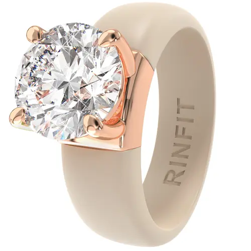 Rinfit Women's Elegant Cubic Zirconia Ring - 7mm Round Stone Solitaire CZ, 2 mm Silicone Band, Patented Design, Water Resistant, Black & Rose Gold Casual Costume Jewelry for Daily Wear